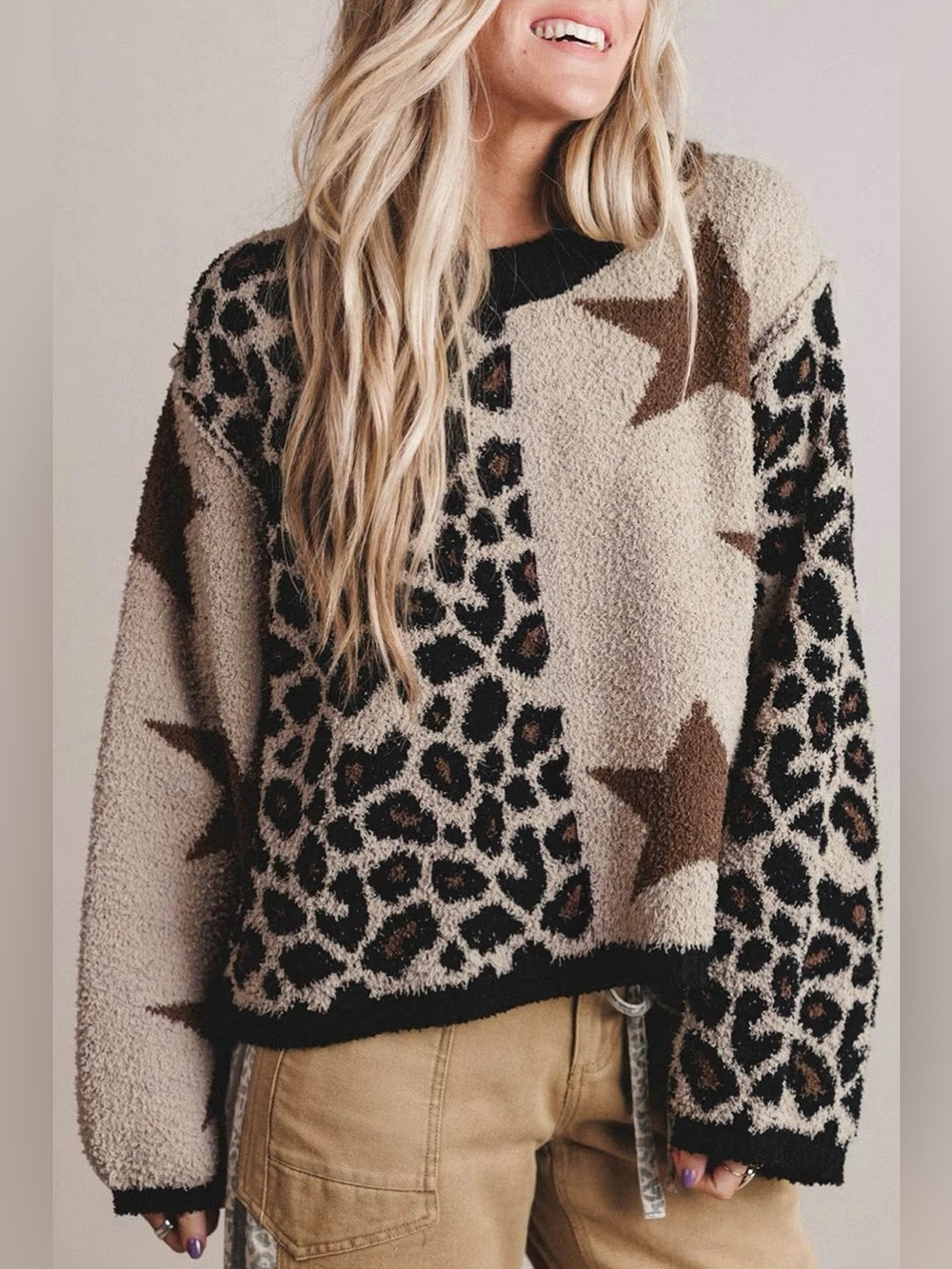 Leopard Star Pattern Round Neck Long Sleeve Shift Sweater